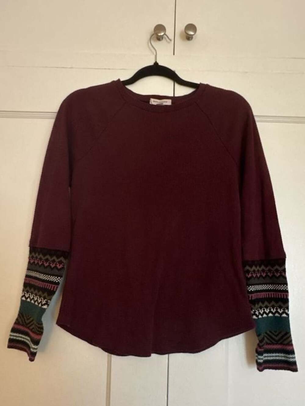 Waffle Knit Long Sleeve Top Size M/M Burgundy Fair Isle Cuffs thermal fairycore